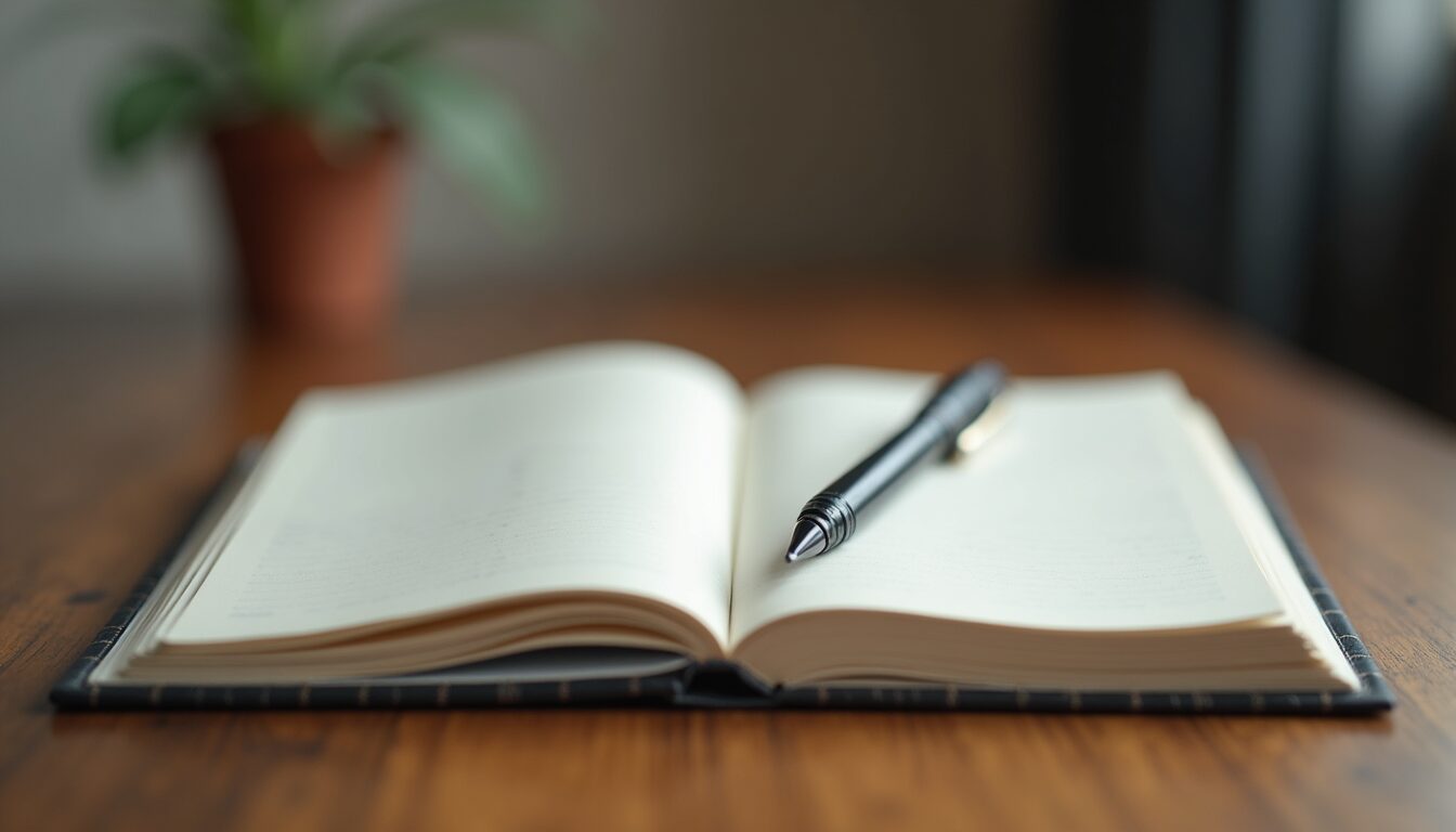 Close-up view of a journal and pen on a wooden desk, symbolizing reflection and growth