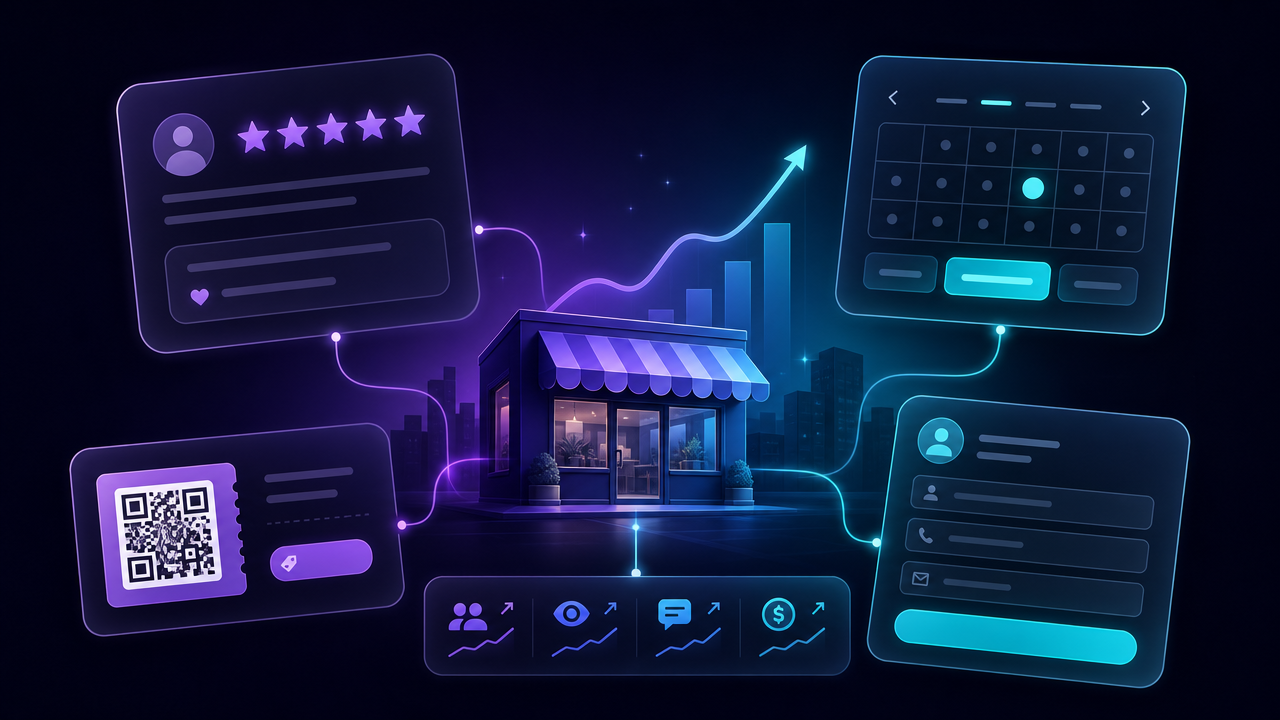 Review, booking, QR coupon and lead form cards